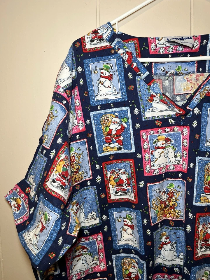 Landau Scrub Top Women’s 3X Christmas Stamp Theme Snowman Santa Vintage Retro - Image 3 of 4