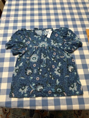 LOFT Top Womens M Blue Dahlia Floral Textured Ruffle Puffy Sleeve Cottagecore