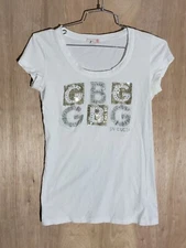 g by guess pull over shirt womens size s round neck short sleeve logo white