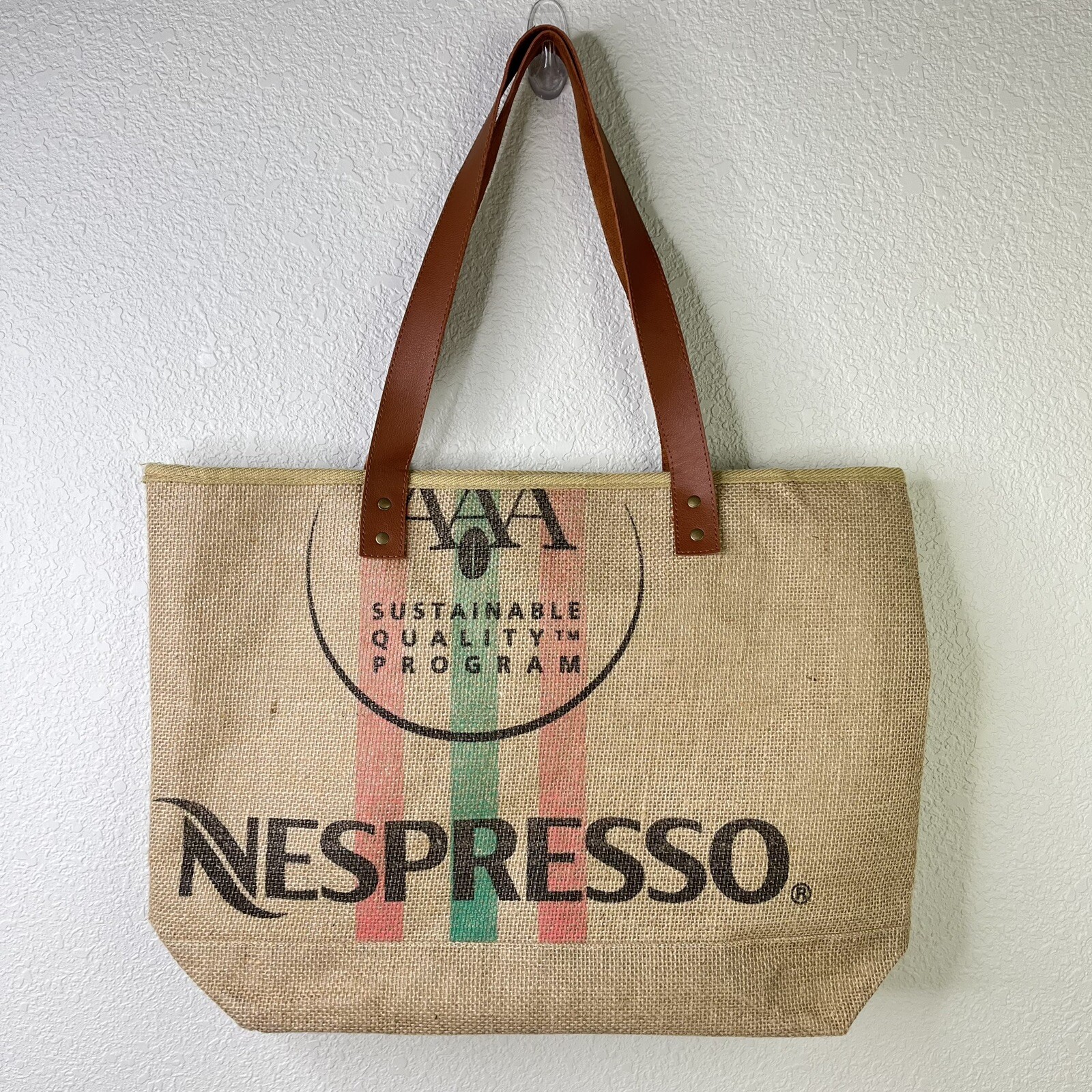 Nespresso Jute Tote Bag Shopper Faux Leather Handles … Gem