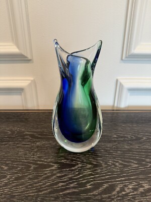 Oball Murano Art Glass Bud Vase Signed Blue Green