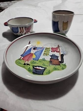 3 PIECE FOLK ART PLACE SETTING LAUNDRY DAY BOWL, CUP, INDIVIDUAL CASSEROLE