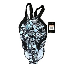NWT Nike Size 20 Girls 5 One Piece Swimsuit Geometric Pattern Black Gray Silver