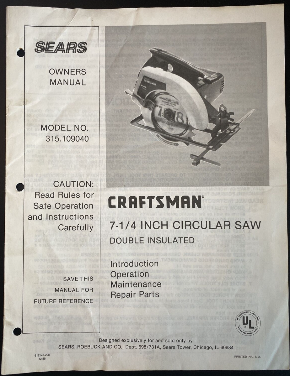 Vtg & Orig Manual Only for Sears Craftsman 7 1/4
