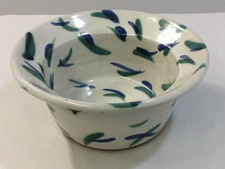 Red Clay Pottery Serving Bowl Green Blue Design White Glaze Handmade Signed
