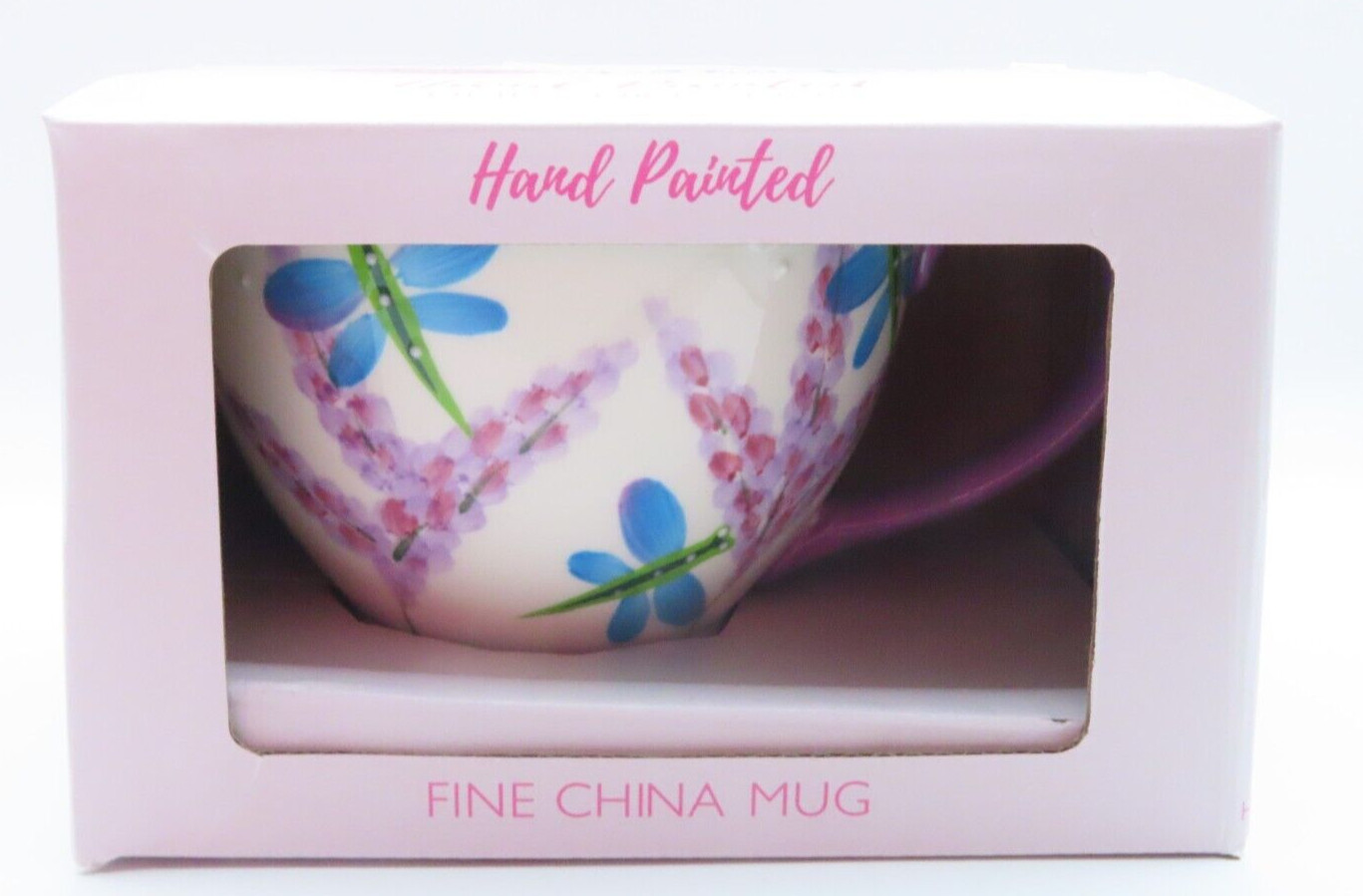 Dragonfly Floral Ceramic Cup with Purple Handle Fine China 9.5 CM Gift Tableware