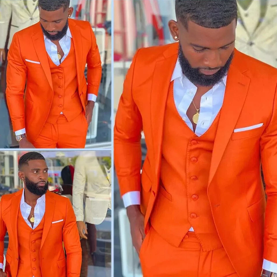 3 Pcs Orange Men Suits Fashion Formal Business Tuxedos Wedding Groom Blazers - Image 2 of 4