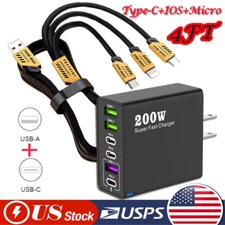 200W Fast Wall Charger ,4 in1 Multi USB Charging Cable For iPhone/Samsung/Type C