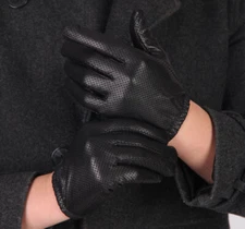 Men's Genuine Sheep Leather Touch Screen Wrist Gloves Elastic Wrist Silk Lining