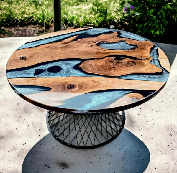Blue Round Epoxy Center Wooden Resin Table Top, Live Edge Resin Coffee Table Top