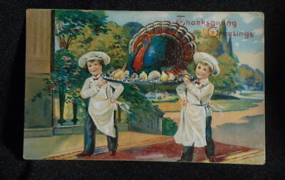 Thanksgiving Greetings Two Boy Chefs Carrying Turkey Antique Embossed Postcard