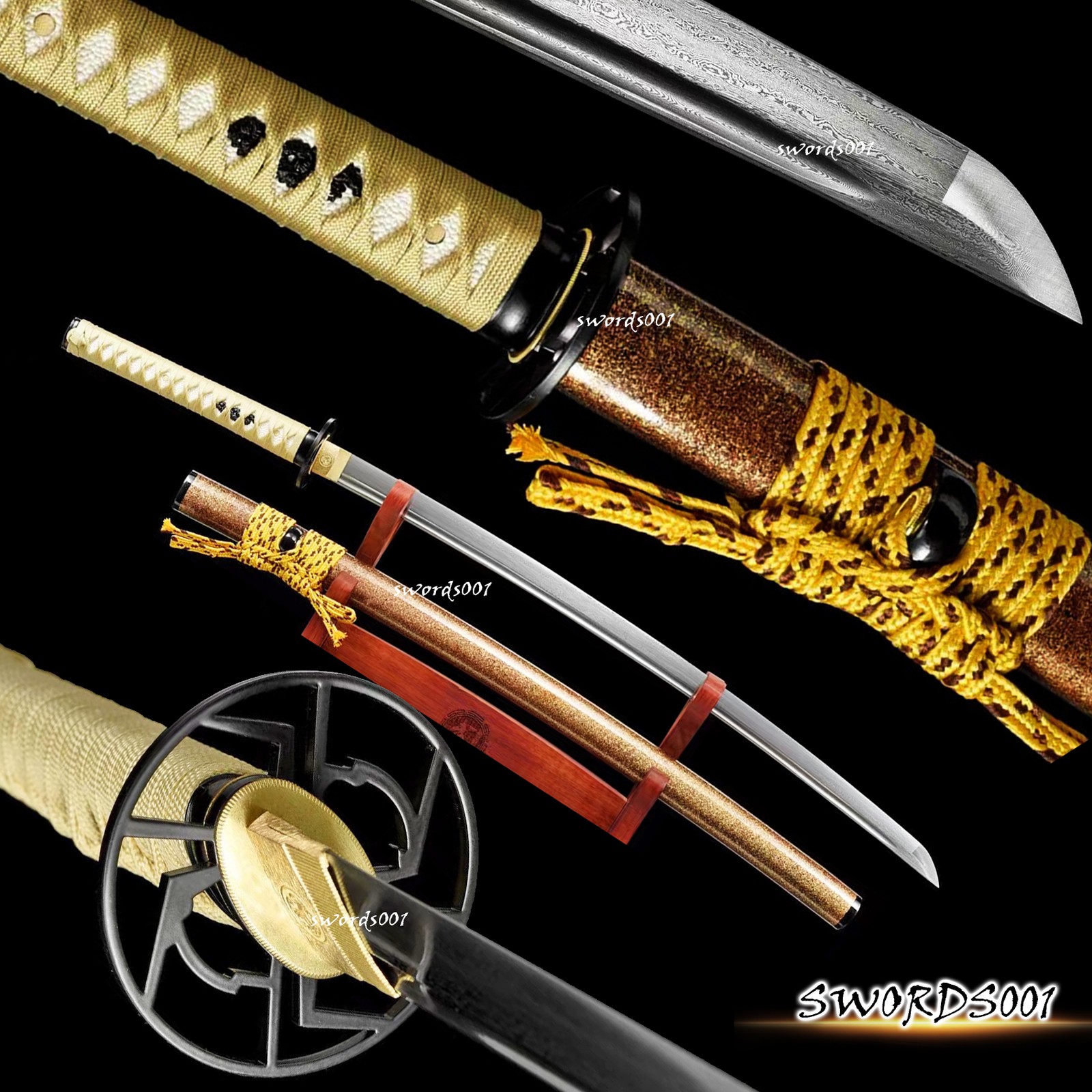 Japanese Katana Warrior Sword Folded Steel Blade Gold Ito Sageo Full Tang Sharp