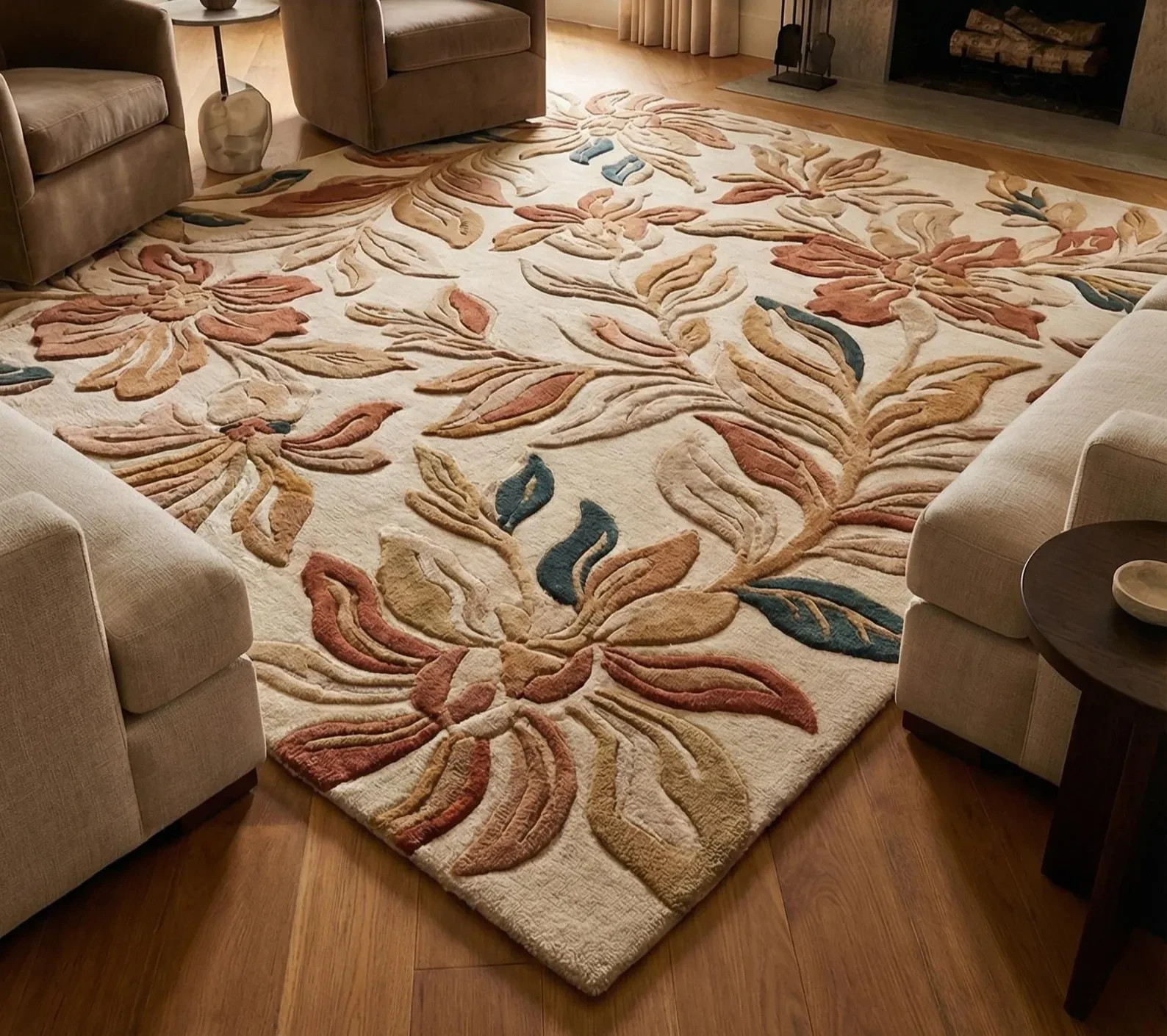 Hand Tufted Floral Wool Rug, Neutral Beige Botanical Area Rug, Luxury Room Rug