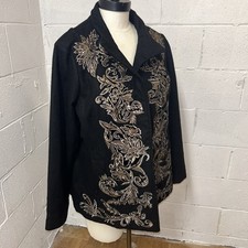 Chicos Black Embellished Wool Open Front Jacket Size 2 M/L Embroidery Sequin A2
