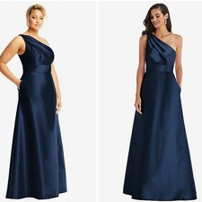 NWT Alfred Sung Satin Twill One Shoulder Maxi Dress Gown Size 12 D815 Chic Navy