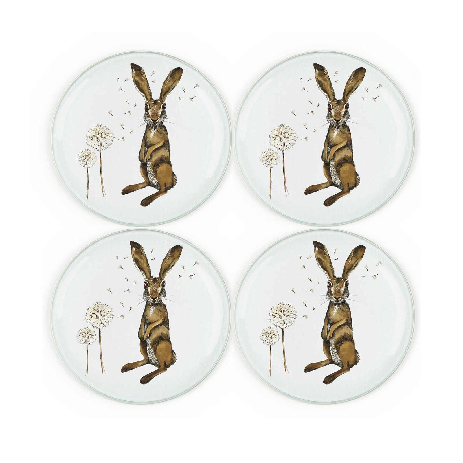 Hares Glass Coaster Set - Round Painted Wildlife Set of Four Coasters Gift