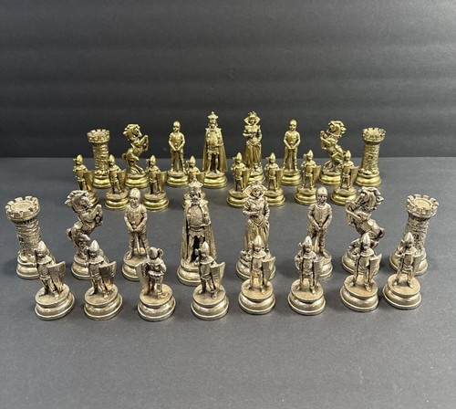 Vintage Schachspiel Messingguss Zinn 3-3/4" König schwer 32 Stück Set C Bilder