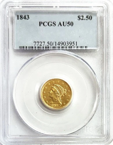 1843 GOLD LIBERTY HEAD $2.50 QUARTER EAGLE COIN EARLY DATE PCGS ABOUT UNC 50