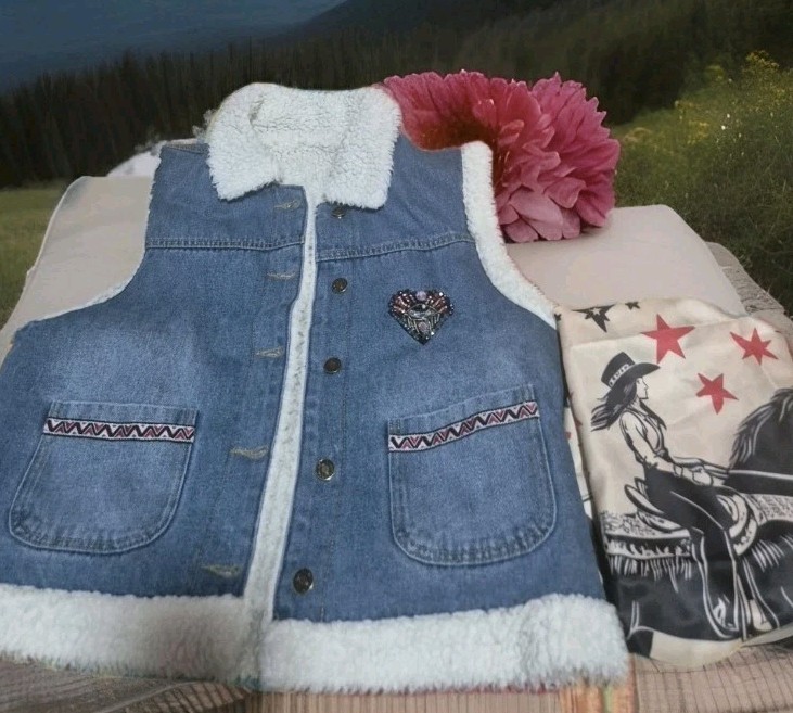 Chaleco vaquero Boho talla L con forro polar y bolsillos con galón étnico.