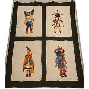 Tex Tile Wall Hanging Colorful Embroidered Traditional Hopi, 4 Kachinas 46"x35."