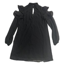 Express Womens Sz XS Long Ruffle Sleeve Keyhole High Neck Mini Dress Black Lined