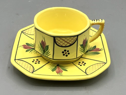 Vintage HB Quimper Soleil Yellow Octagonal Cup & Saucer Set Hand Painted France