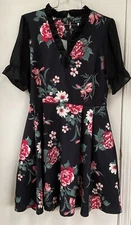 Smak Parlour Size L Black Rose Floral Sheer Sleeves Retro Style Skater Dress
