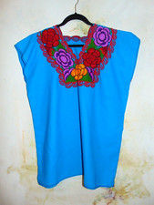 Embroidered Mexican Blouse Tunic Floral Women Oaxaca Peasant Size L/XL Blue Boho