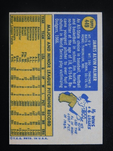 1970 Topps Baseball Card #449 Jim Palmer (NM) O/C - Picture 2 of 2