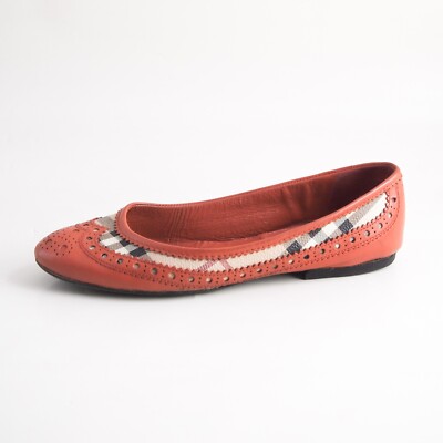 Burberry Ballet Flats Red Leather Nova Check Womens Shoe Size EU 37 US 
