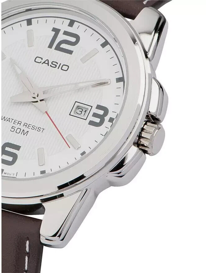Casio Men's Leather Strap Watch MTP1314L7AVER, White Dial, Date