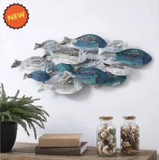 Large School of Fish Modern Metal Wall Art for Coastal Nautical Beach Boat Decor