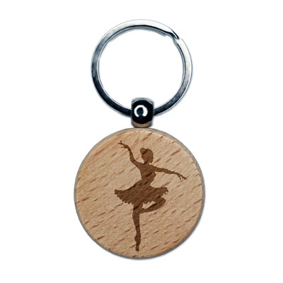 Ballerina Dancer in Tutu On Pointe Engraved Wood Round Keychain Tag Charm