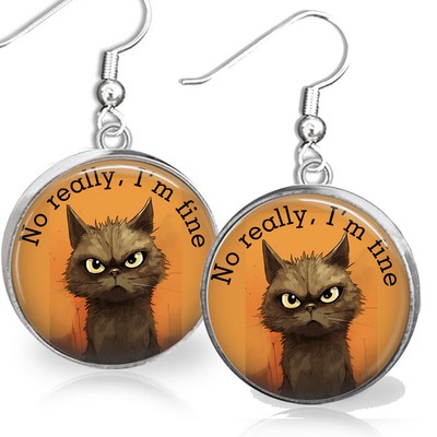 No Really I'm Fine Grump Kitty Cat Earrings Original Watercolor Art Print Dangle