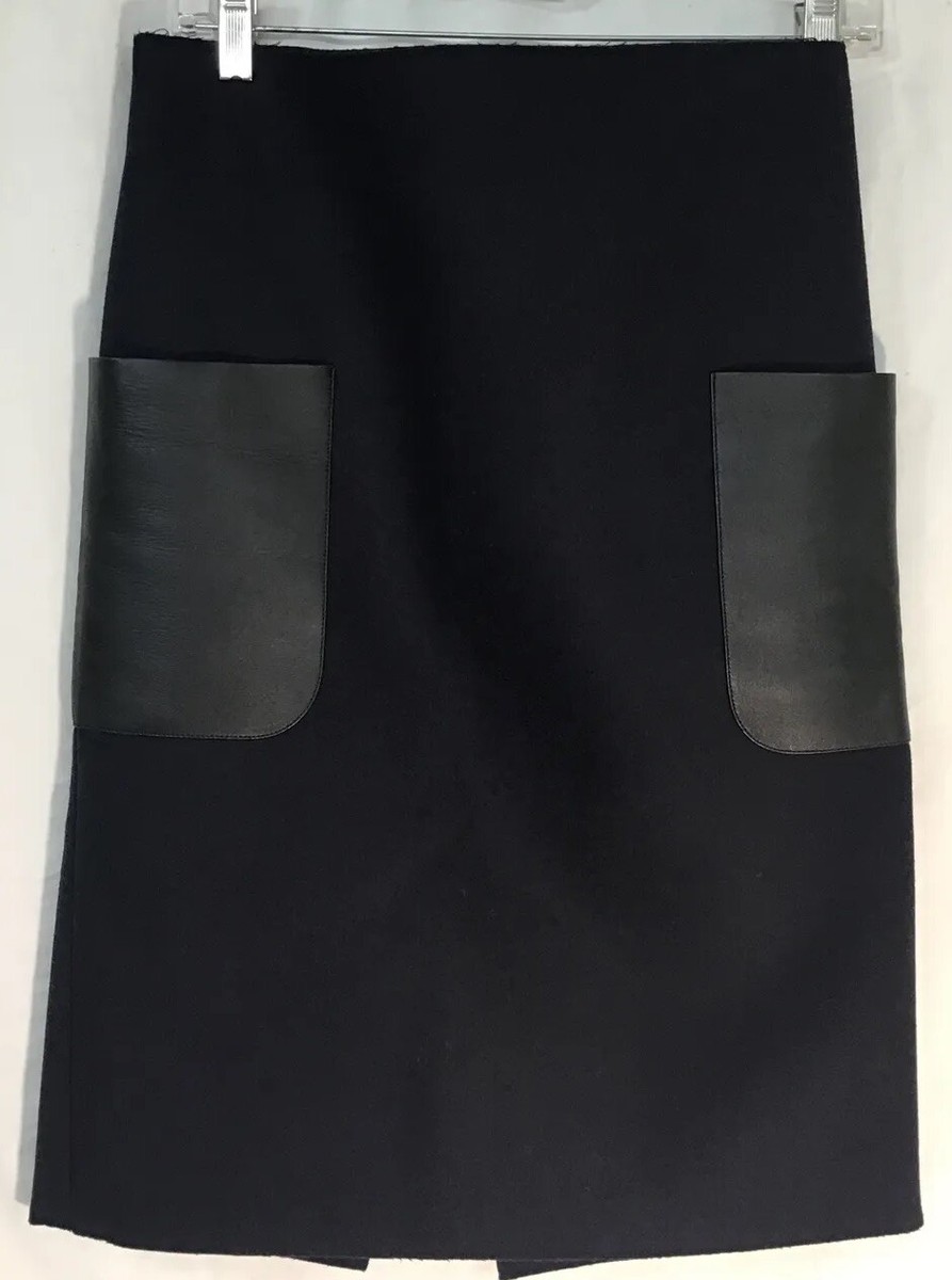 Celine Skirt Navy Wool Felt Lamb Skin Front Pockets Single Vent