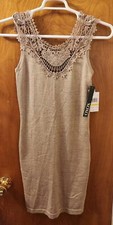 Women’s XOXO Sleeveless Gold Knee Length Dress Crochet Accents Size Medium NWT 