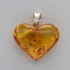 Hand Carved BALTIC AMBER Heart Pendant - 925 STERLING SILVER - Poland #2255e