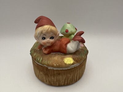 HOMCO 5404 Pixie Elf Boy By Mushroom Garden Trinket Dish Orange/Brown