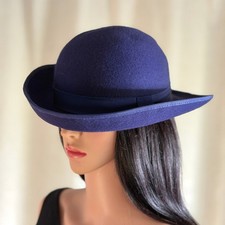Navy Blue 100 Wool Felt Bowler Hat Rounded Crown Grosgrain Trim Retro Mod Twee