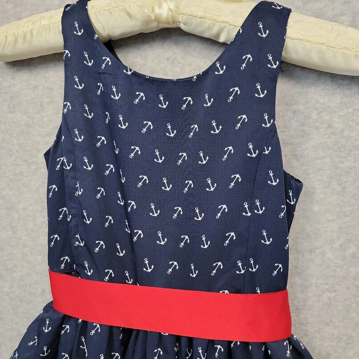 Polo Ralph Lauren Girls Anchor Print Navy Twill Dress Red Ribbon Sz 5 Nautical