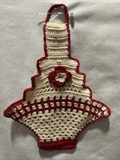 Hand Crochet Vintage Red Rose Basket Potholder Clean