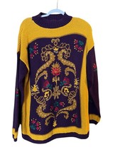 Vintage Casual Corner Knit Sweater Purple  Yellow Floral Design Womens Medium A