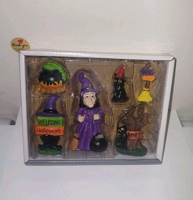 6 Pc Fairy Garden Halloween Scene Witch Black Cat Cauldron Miniatures Decor New