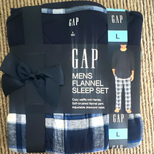 GAP Men's L Flannel Plaid 2pc Pyjama Set Henley Drawstring Long Sleeve Black