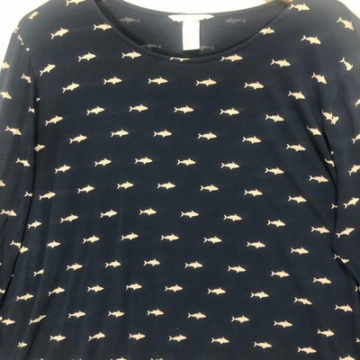 H M Navy Blue All Over Small Fish Print Long Sleeve Top Tunic Shirt Women's L