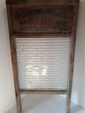 Vintage "NATIONAL WASHBOARD CO" NATIONAL  No 862  Washboard W/ Sanitary GLASS.