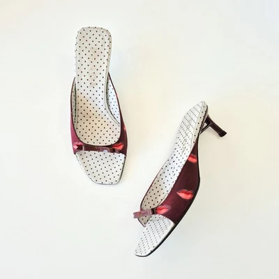 Vintage PRADA SS 2000 Burgundy Lips Print Open Toe Mule Sandal Kitten Heels 37 7 - Image 1 of 4