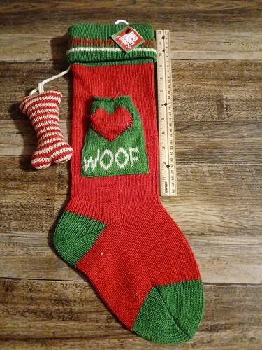 NWT Christmas Stocking For Dog Pet Woof W/ Bone Red Green Santa's Lucky Dog - Picture 6 of 7