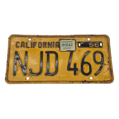 Retired Vintage 1956 California License Plate NJD-469 Authentic Original