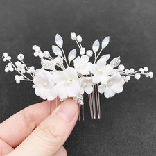 White Flower Side Comb for Hair Bridal Wedding Crystal Pearl Leaf Ceramic Flo...